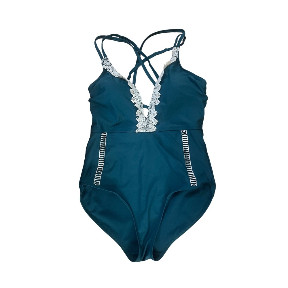 Time and Tru Teal Lace Trim One Piece Swimsuit V-Neck Strappy Back Large 12-14